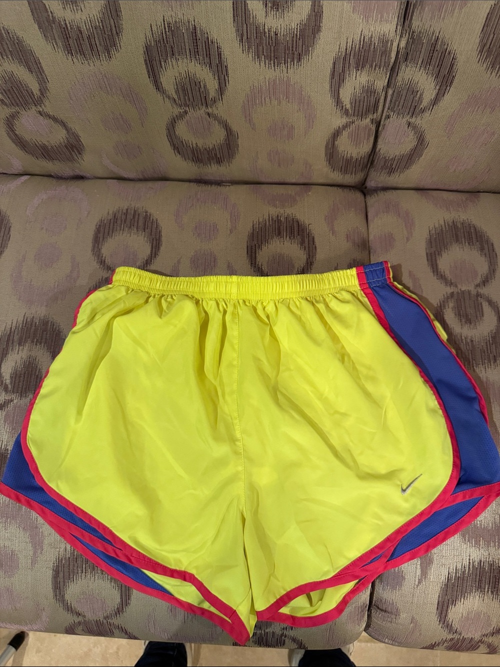 Nike Women’s Bright Yellow Athletic Shorts with Blue Panels and Pink Trim